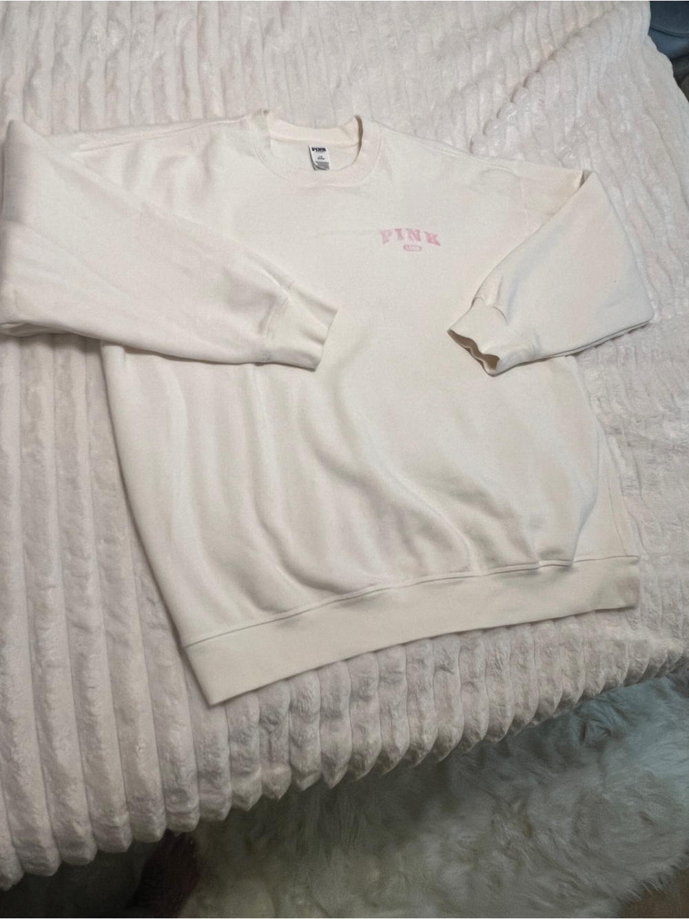 PINK Victoria's Secret Cream Crewneck with Light Pink Logo